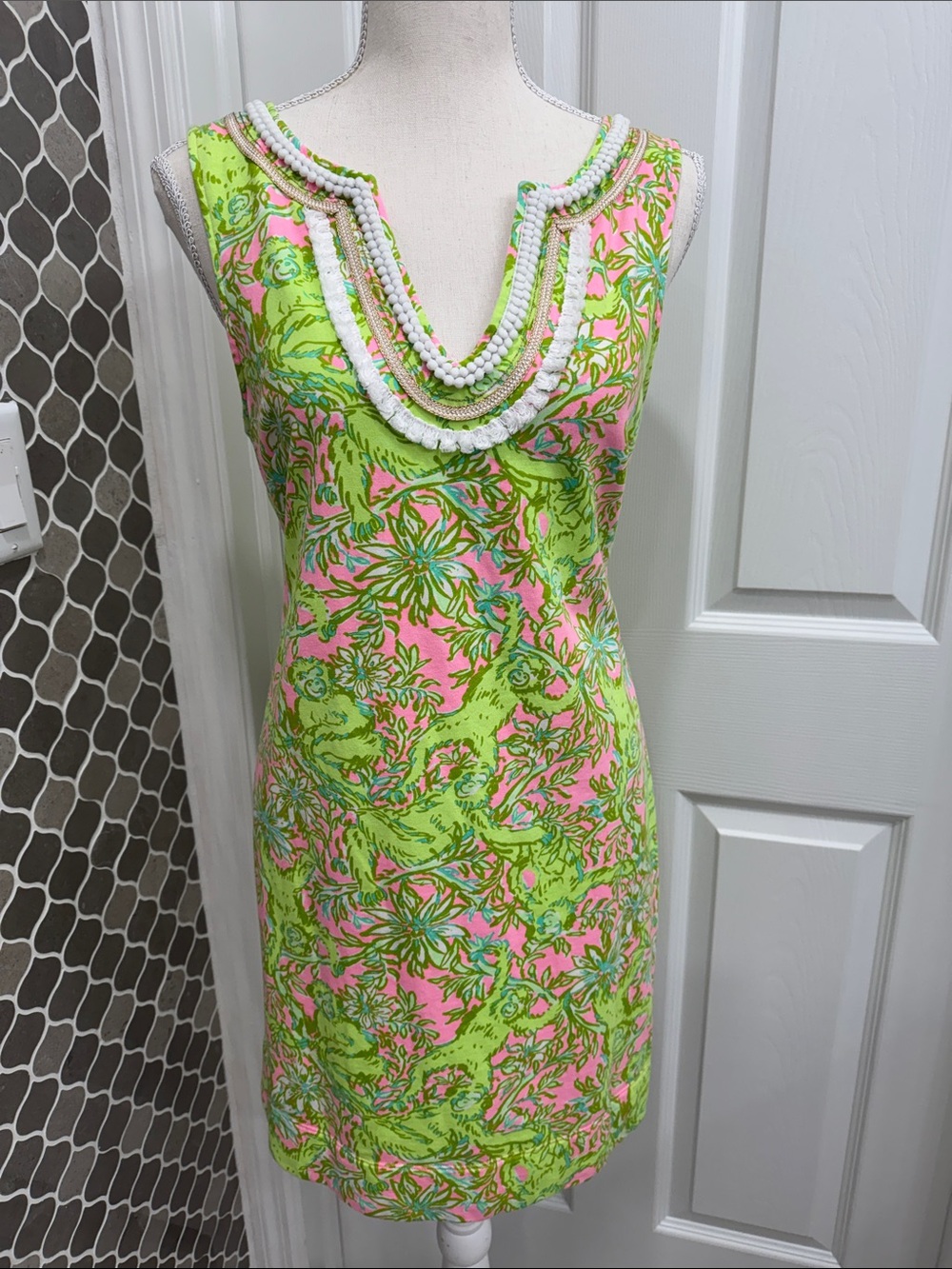 Lilly Pulitzer Pink & Lime Beaded Neckline Shift Dress
